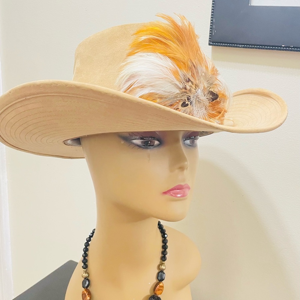 Larry Mahan Tan Hat with Orange and White Feather